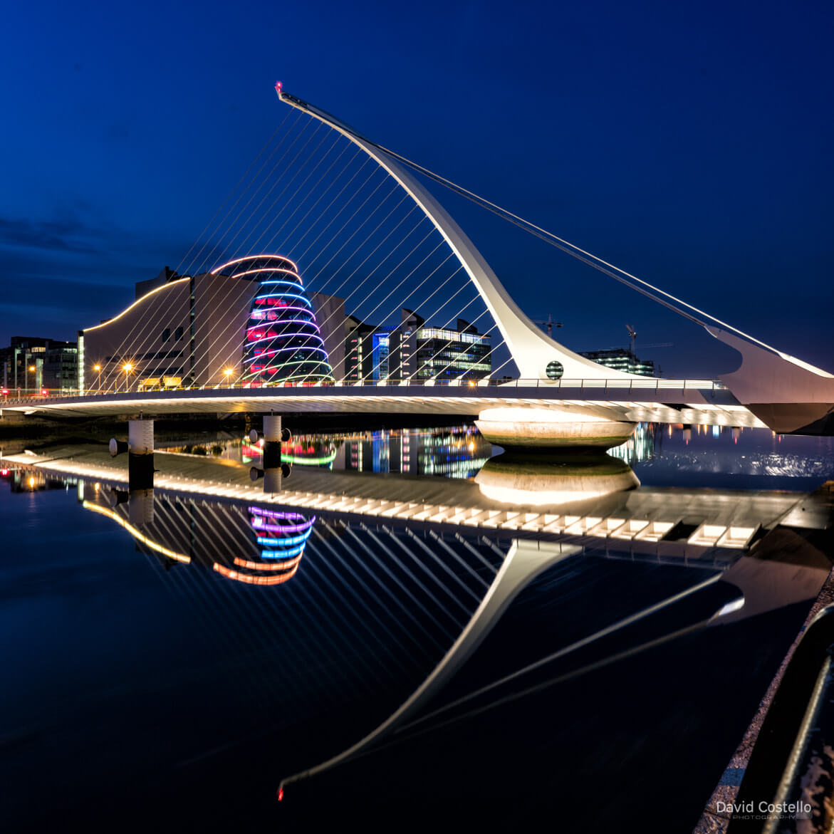 One of those lovely still summer nights along the river Liffey as Beckett Bridge and the Convention Centre reflect in the water.