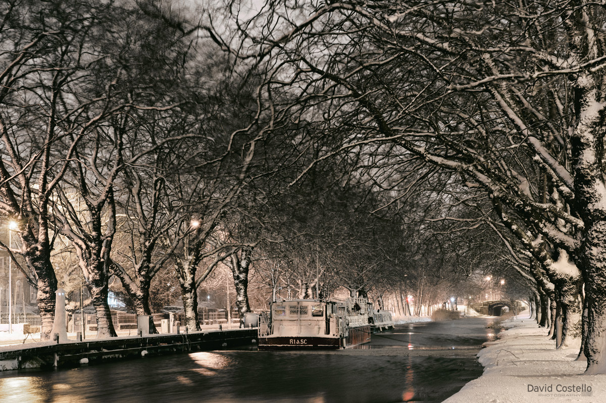 Late at night as the snow settled along The Grand Canal, Dublin in March 2018.