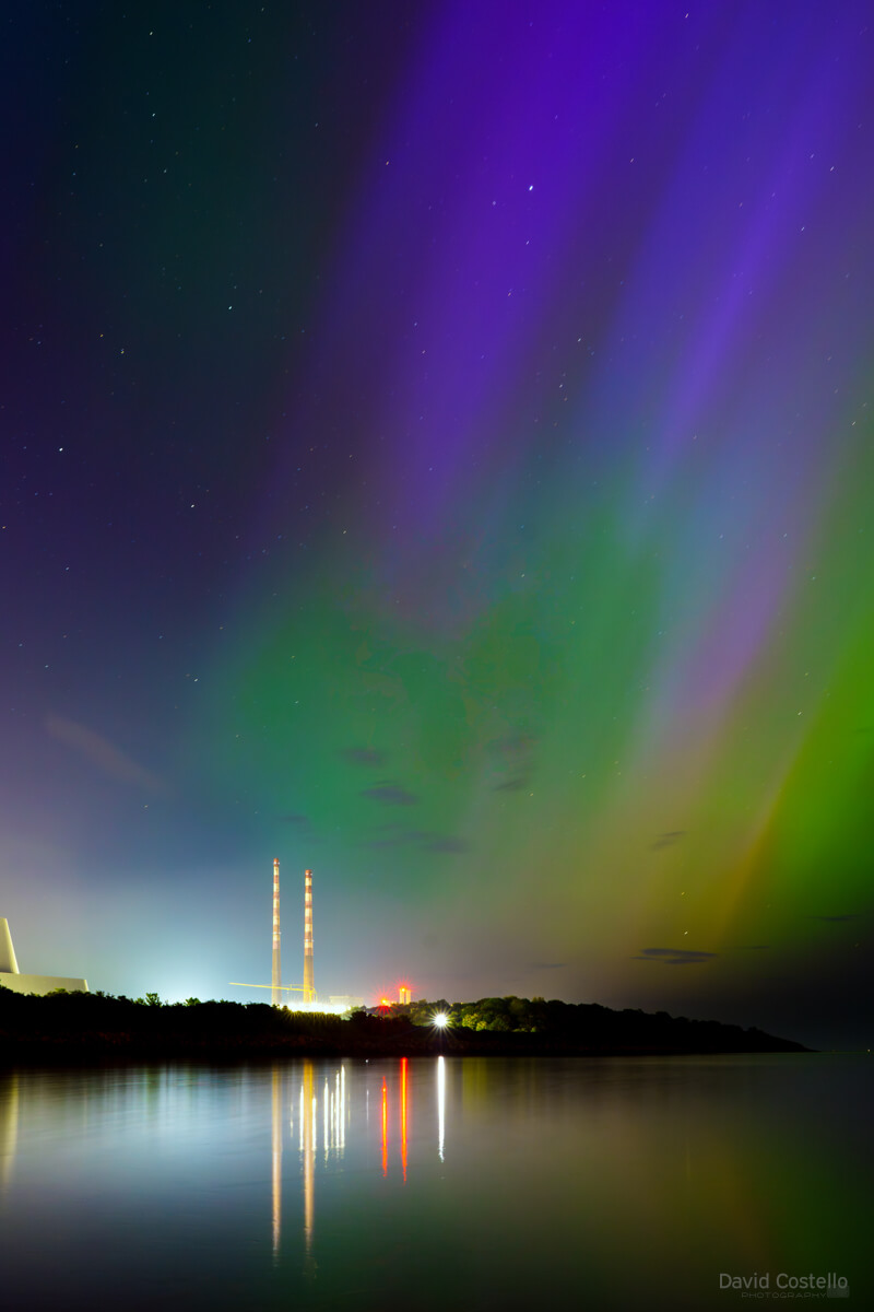 The Aurora Borealis above the Poolbeg Chimneys in Dublin during a very rare G5 geomagnetic storm in May 2024.