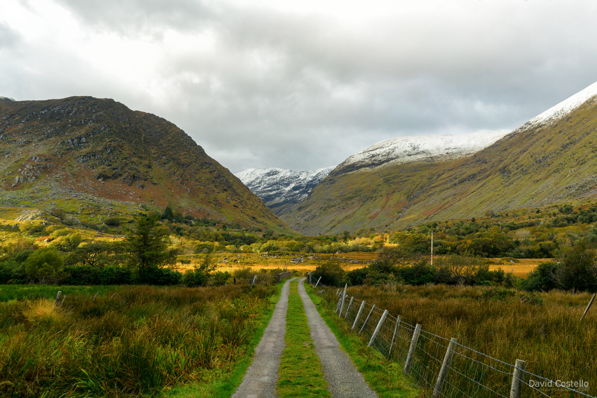 The Black Valley, County Kerry on an autumn day as the first snowfall of the season rests on the MacGillycuddy's Reeks.