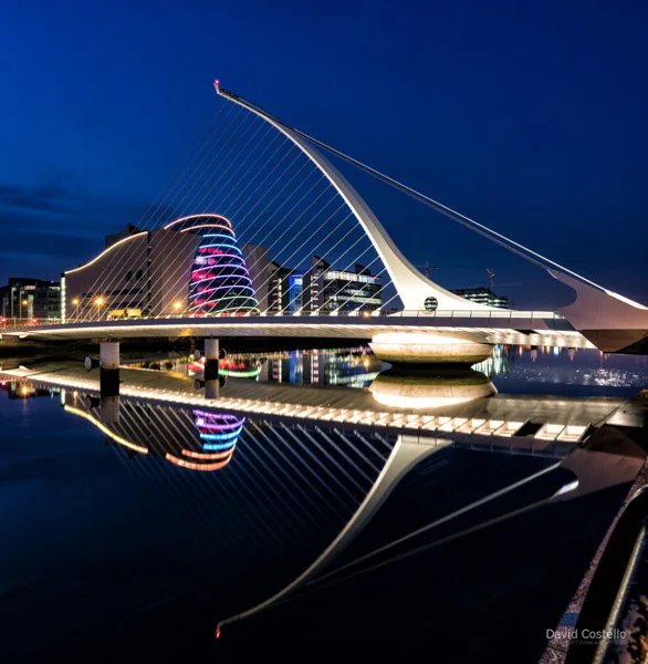 Beckett Bridge and the Convention Centre reflections in the river Liffey.