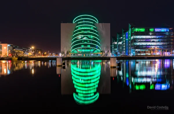 The Convention Centre in Dublin reflecting on the river Liffey.
