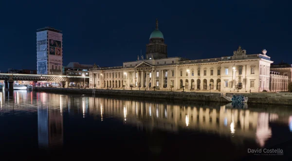 A wide angle view of Liberty Hall and The Custom House in Dublin City.