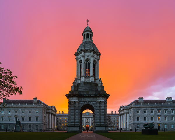 Trinity College at sunset as the rain starts to fall on a beautiful spring evening by the Campanile.